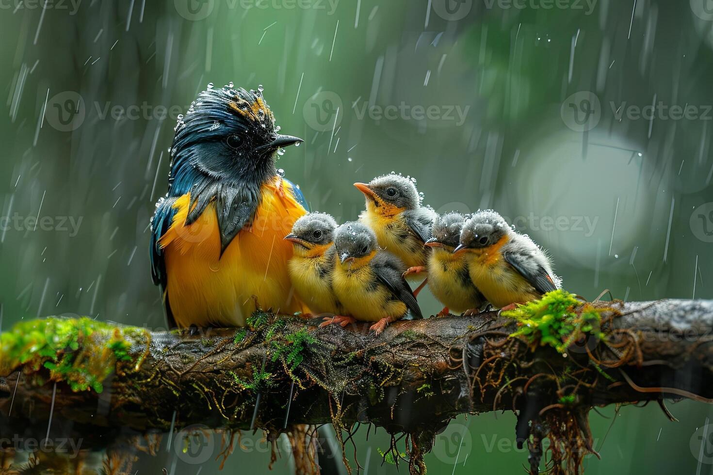 AI generated colorful bird mother and sons under the rain photo