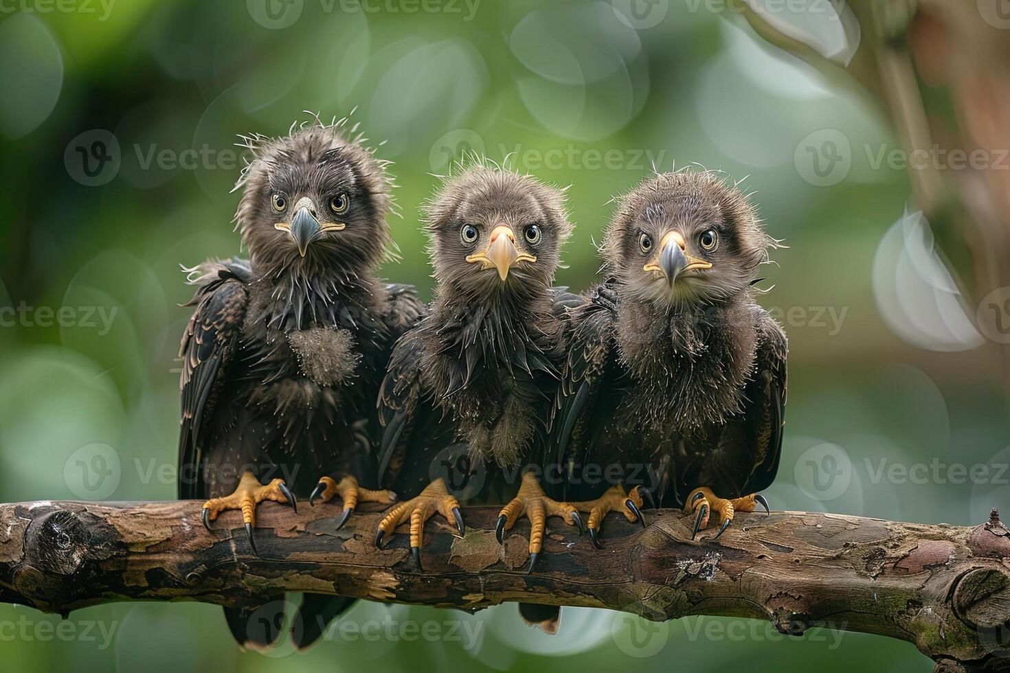 AI generated Eagle Baby group of animals hanging out on a branch, cute, smiling, adorable photo