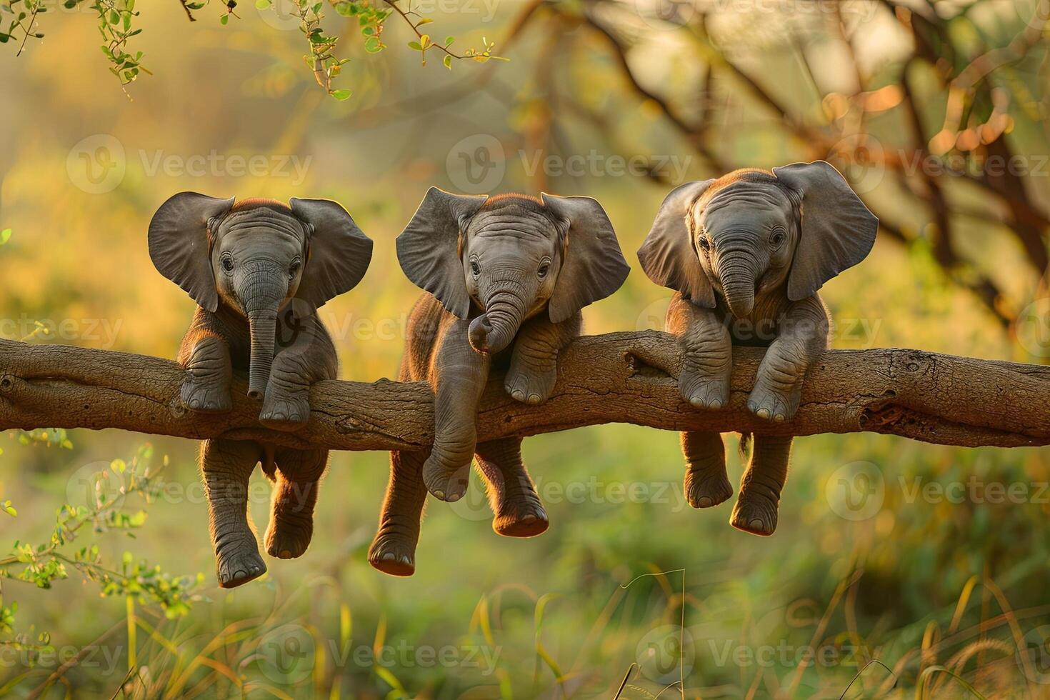 AI generated Elephant Baby group of animals hanging out on a branch, cute, smiling, adorable photo