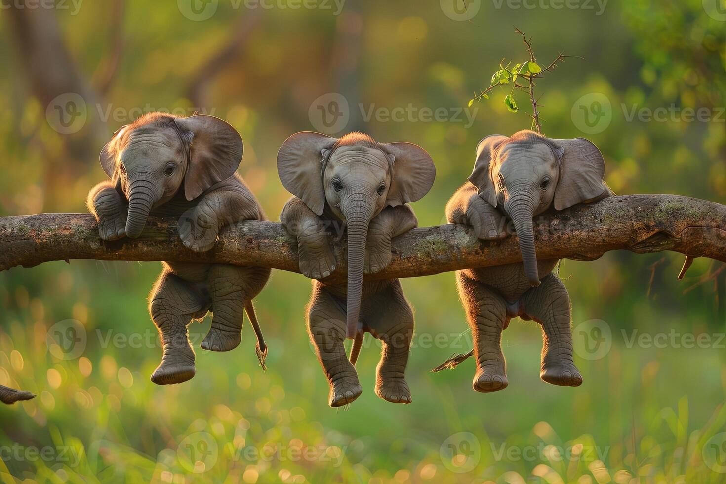 AI generated Elephant Baby group of animals hanging out on a branch, cute, smiling, adorable photo