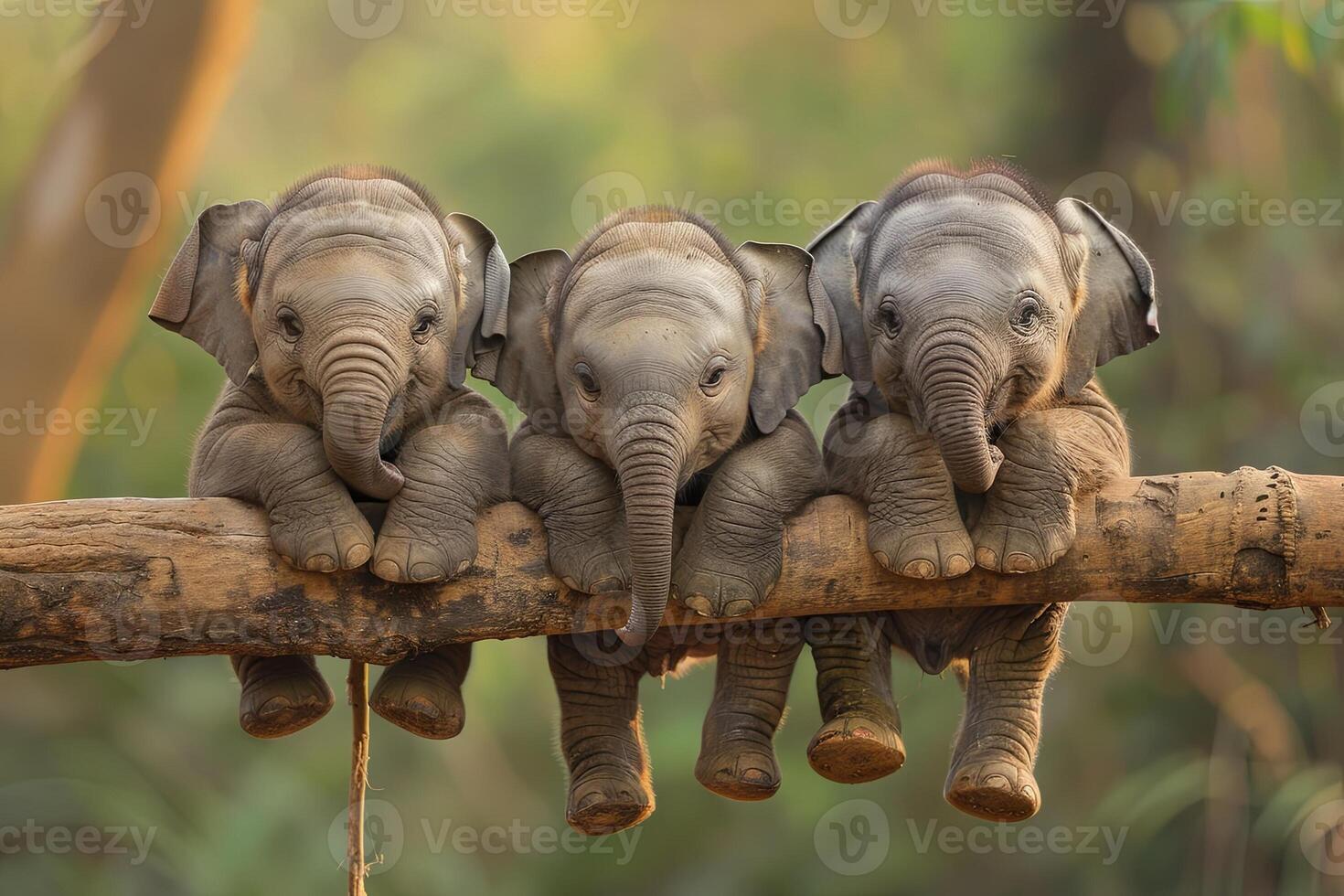 AI generated Elephant Baby group of animals hanging out on a branch, cute, smiling, adorable photo