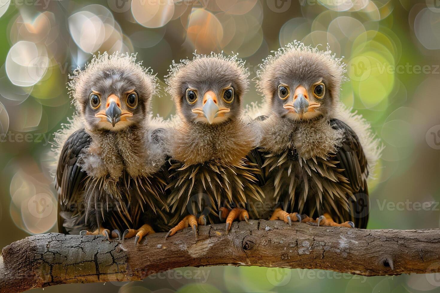 AI generated Eagle Baby group of animals hanging out on a branch, cute, smiling, adorable photo