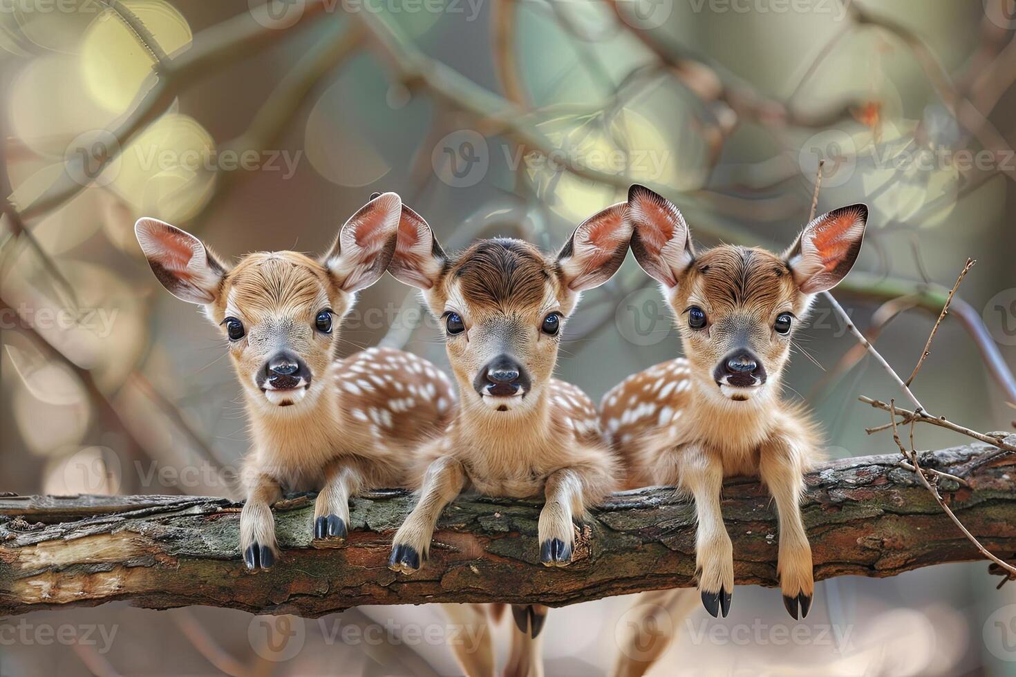 AI generated deer Baby group of animals hanging out on a branch, cute, smiling, adorable photo