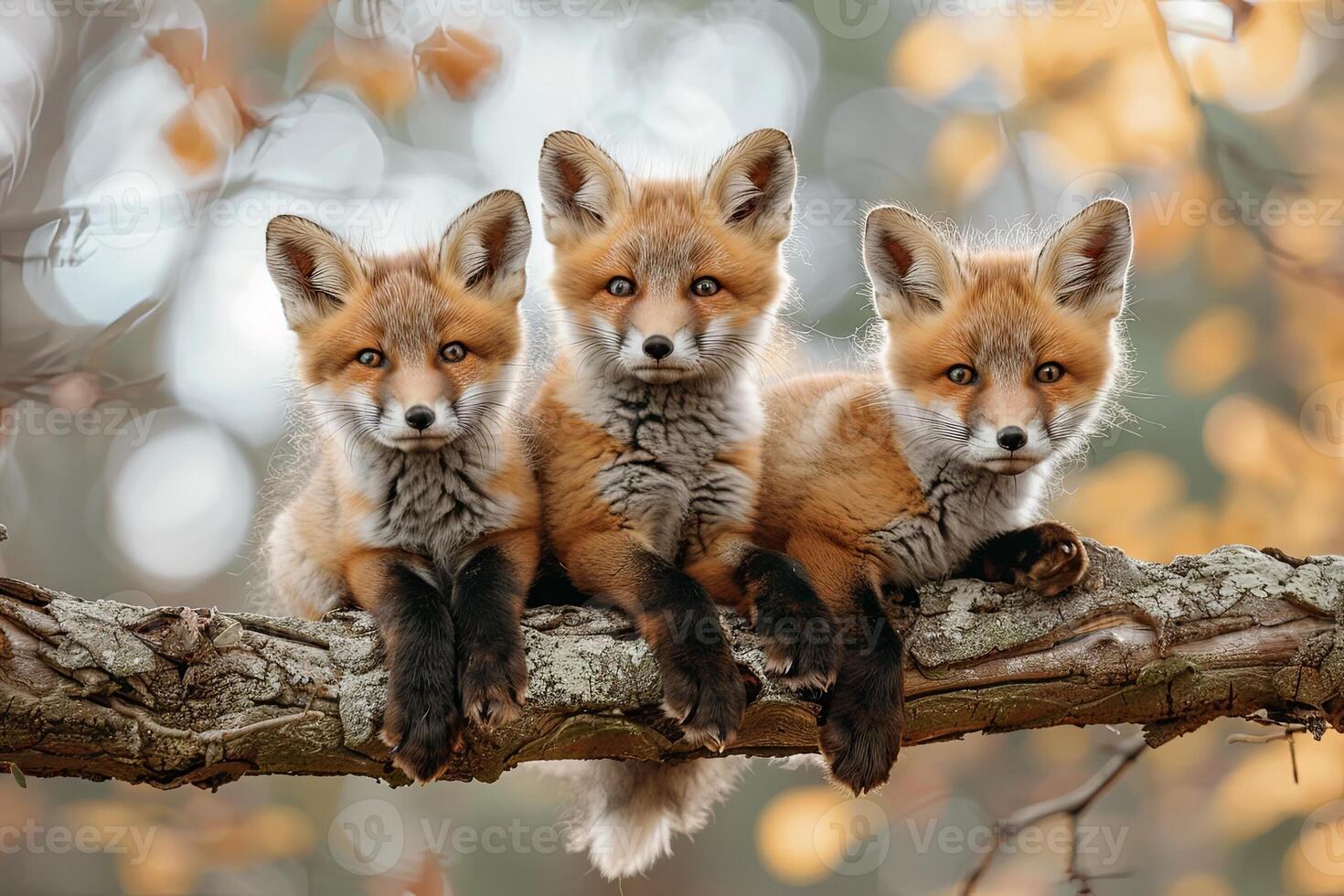 AI generated Fox Baby group of animals hanging out on a branch, cute, smiling, adorable photo