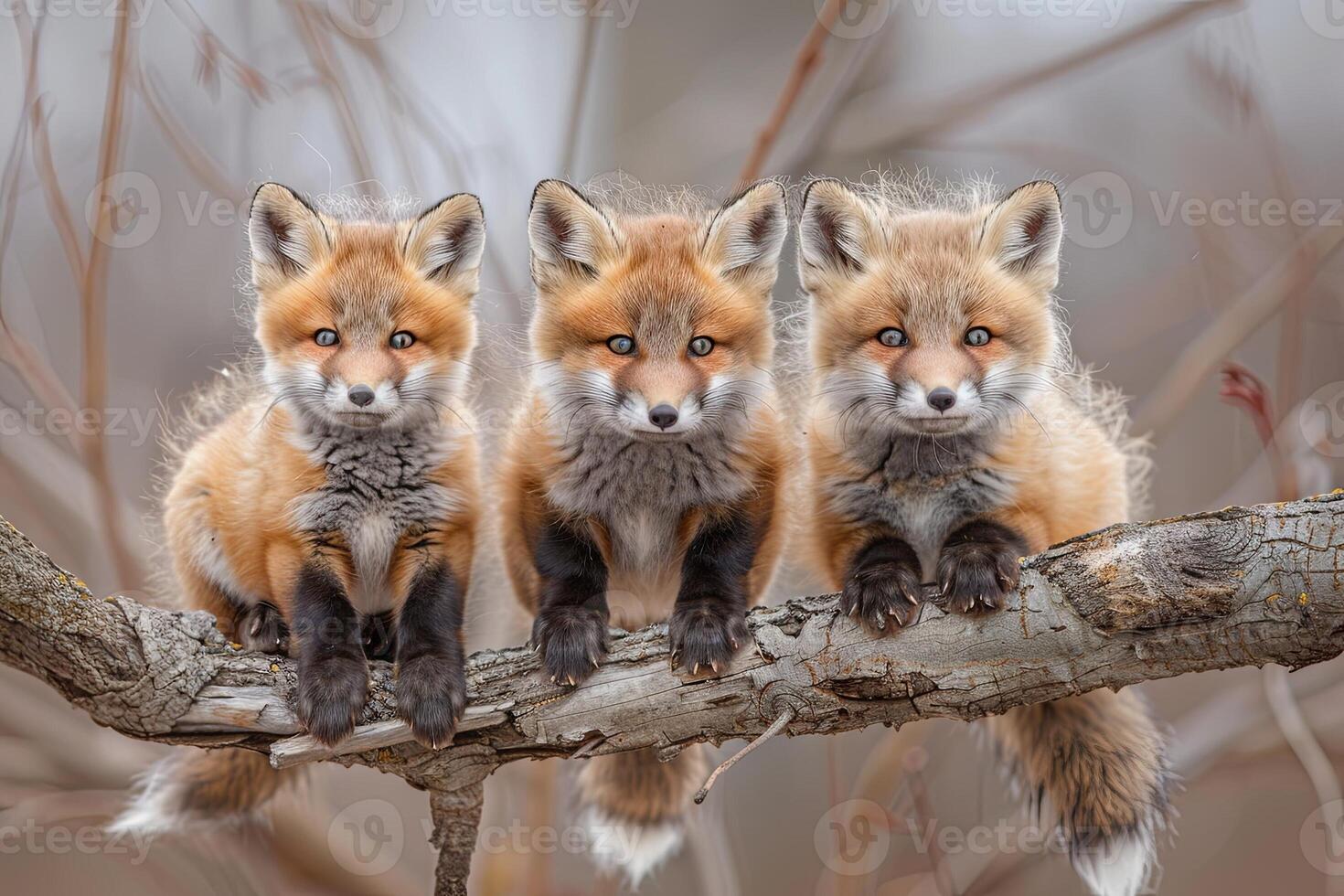 AI generated Fox Baby group of animals hanging out on a branch, cute, smiling, adorable photo