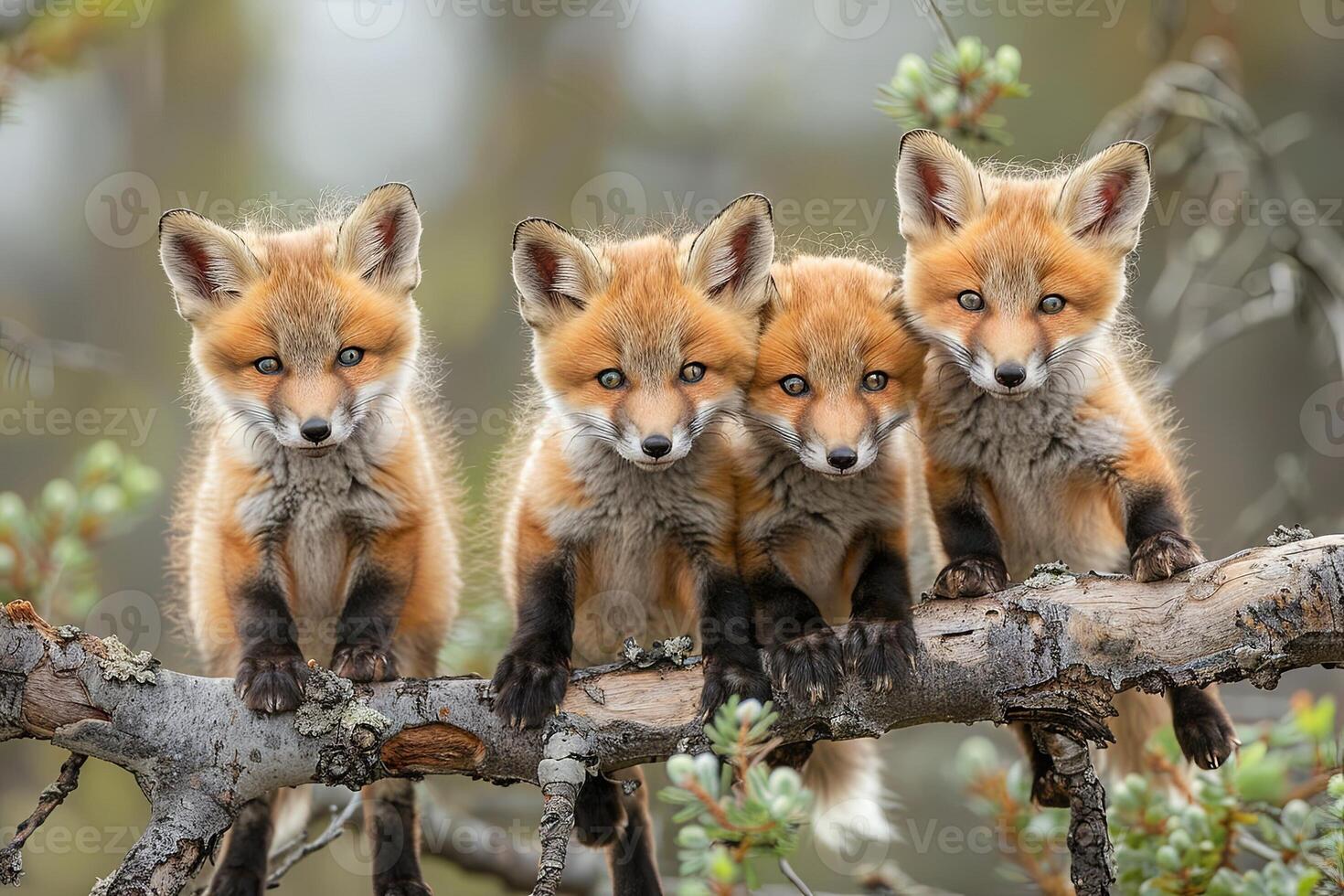 AI generated Fox Baby group of animals hanging out on a branch, cute, smiling, adorable photo