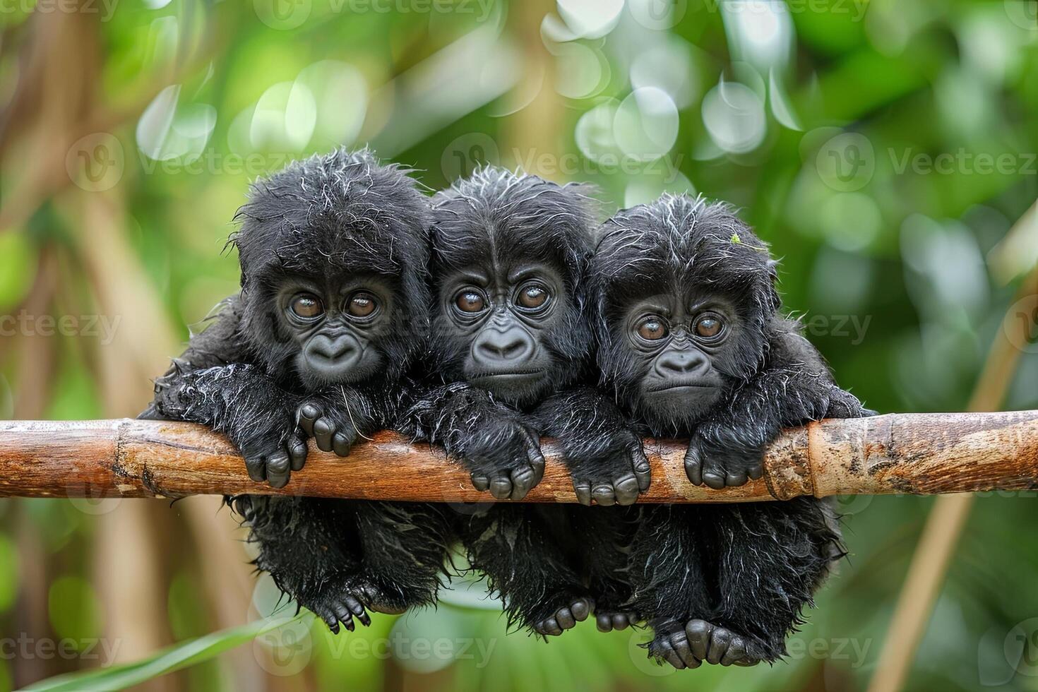 AI generated Gorilla Baby group of animals hanging out on a branch, cute, smiling, adorable photo