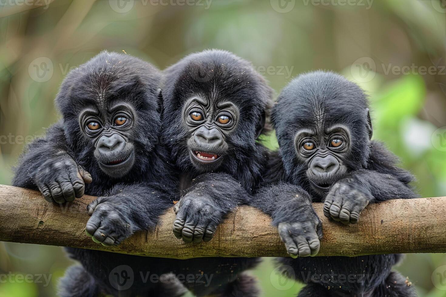 AI generated Gorilla Baby group of animals hanging out on a branch, cute, smiling, adorable photo