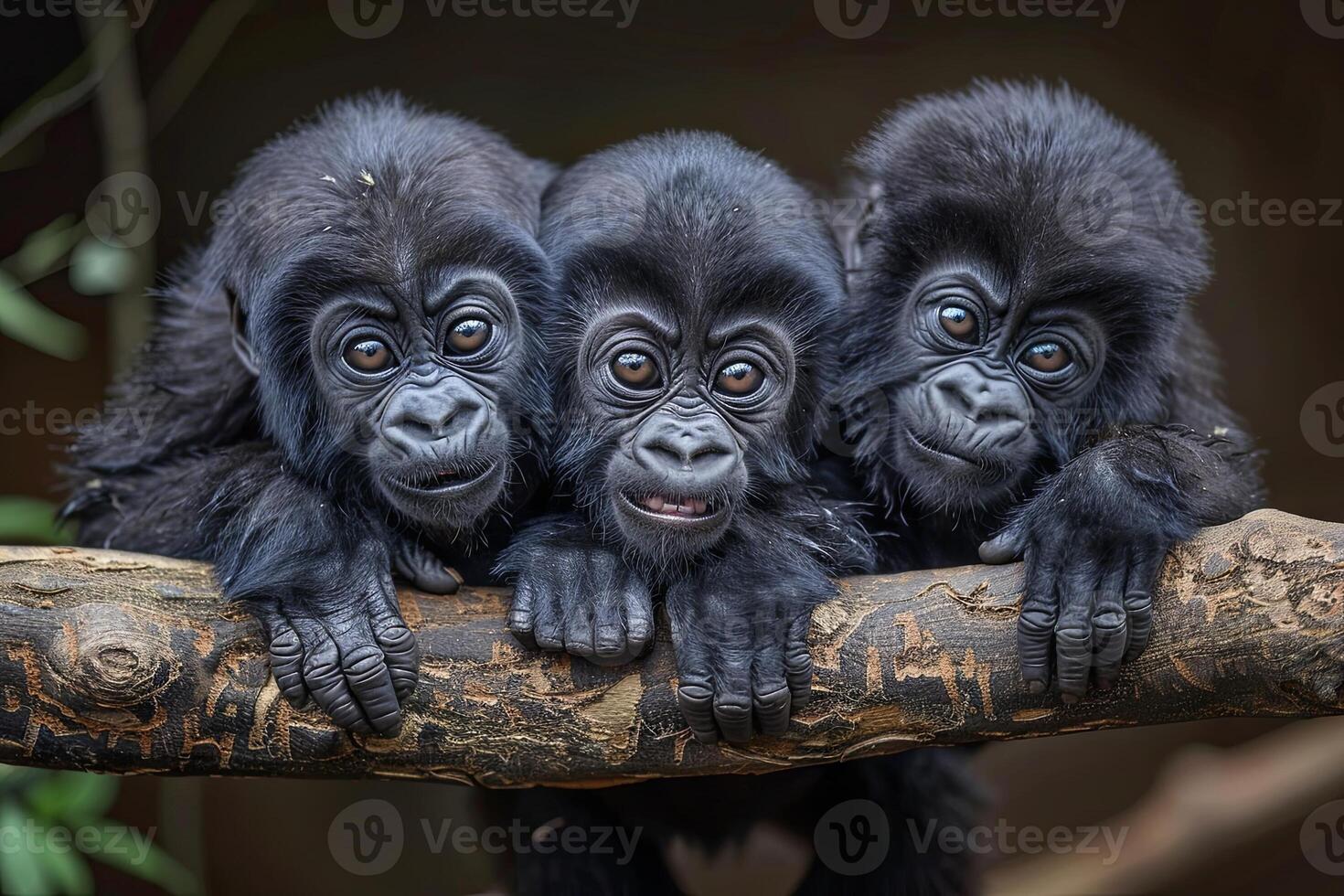 AI generated Gorilla Baby group of animals hanging out on a branch, cute, smiling, adorable photo