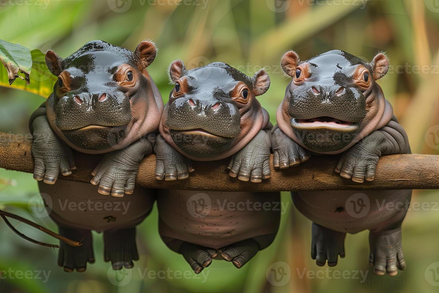 AI generated Hippo Baby group of animals hanging out on a branch, cute, smiling, adorable photo