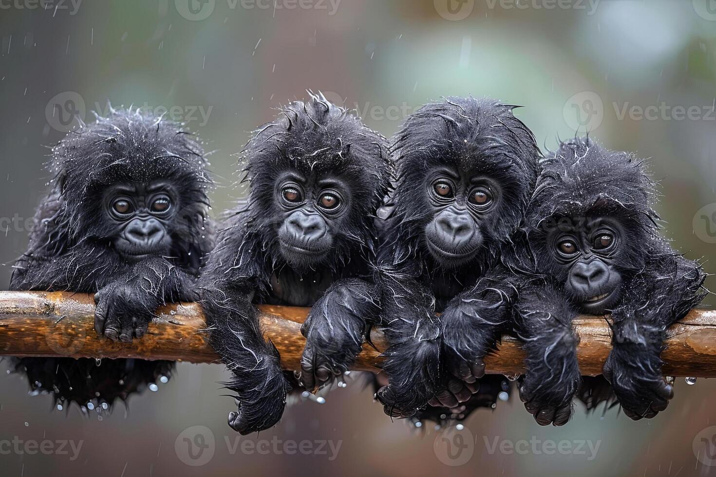 AI generated Gorilla Baby group of animals hanging out on a branch, cute, smiling, adorable photo