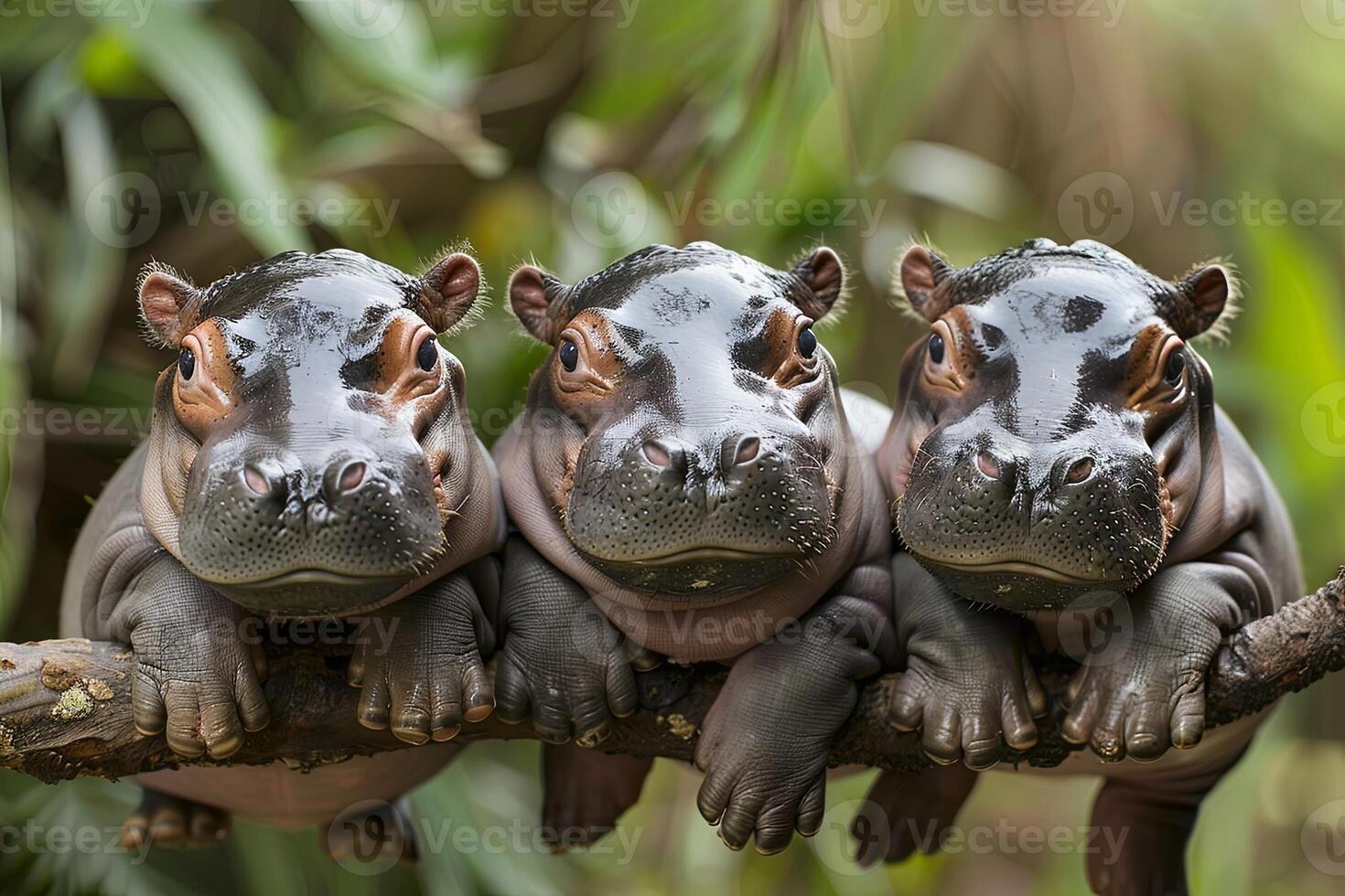 AI generated Hippo Baby group of animals hanging out on a branch, cute, smiling, adorable photo