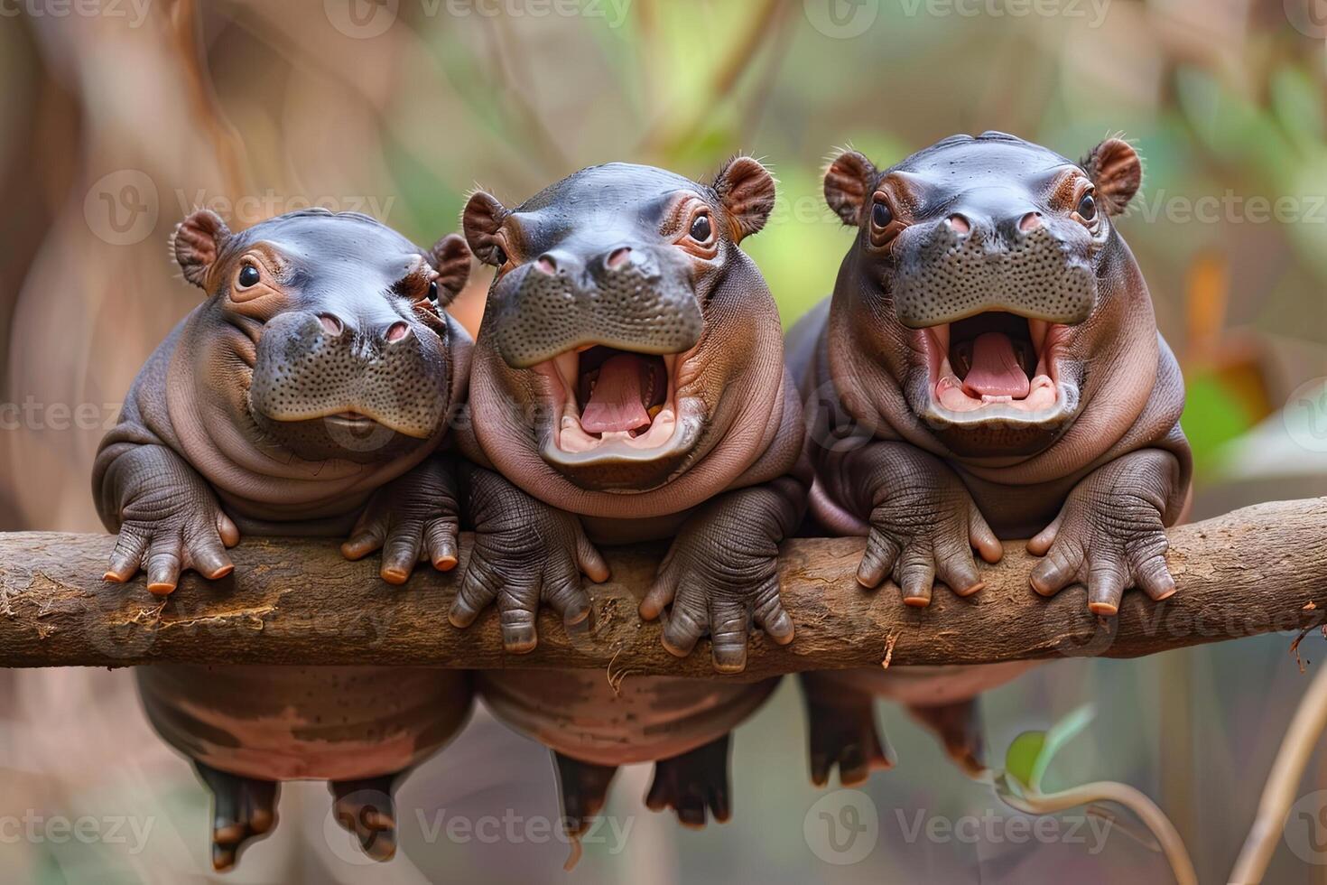 AI generated Hippo Baby group of animals hanging out on a branch, cute, smiling, adorable photo