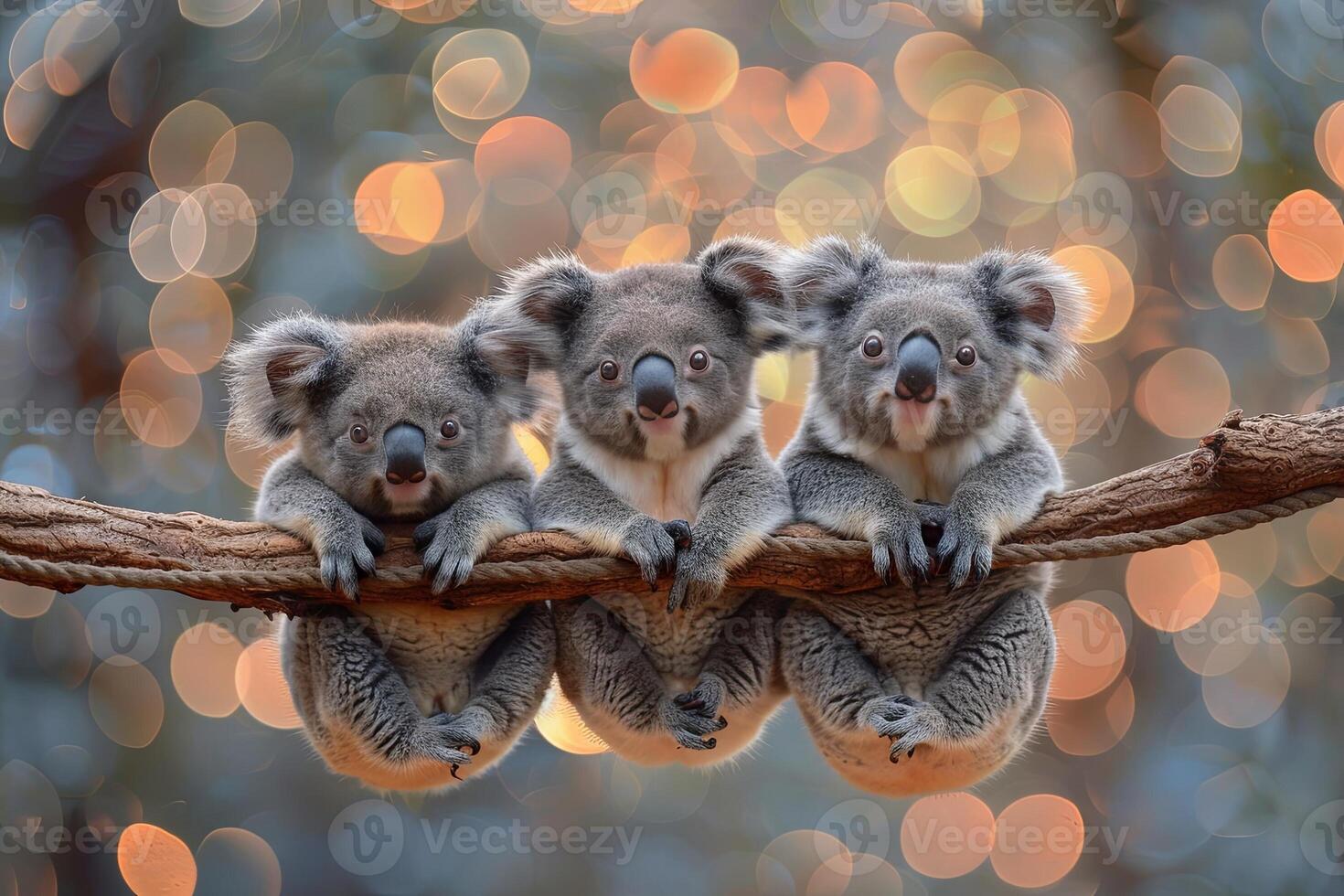 AI generated Koala Baby group of animals hanging out on a branch, cute, smiling, adorable photo