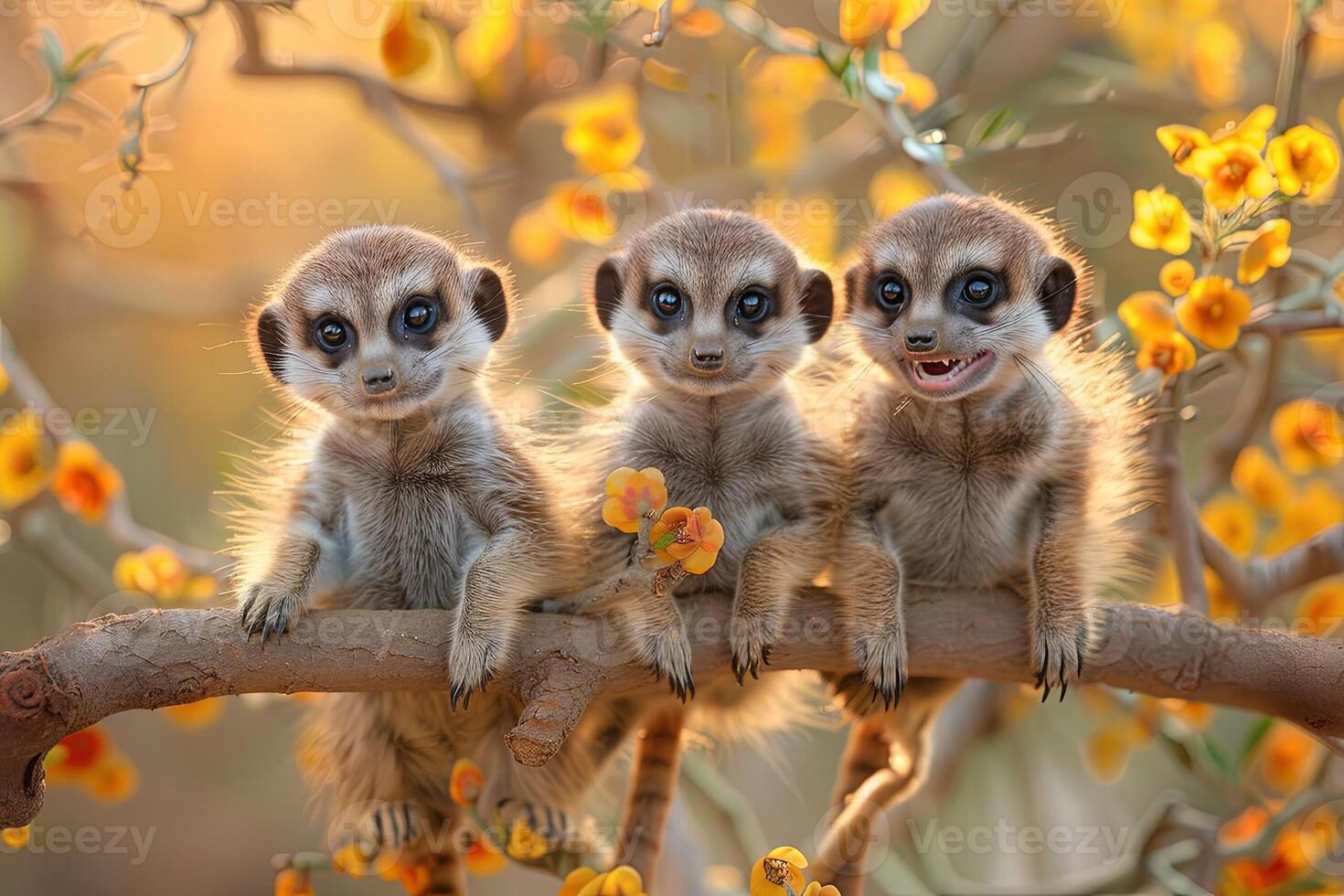 AI generated meerkat Baby group of animals hanging out on a branch, cute, smiling, adorable photo