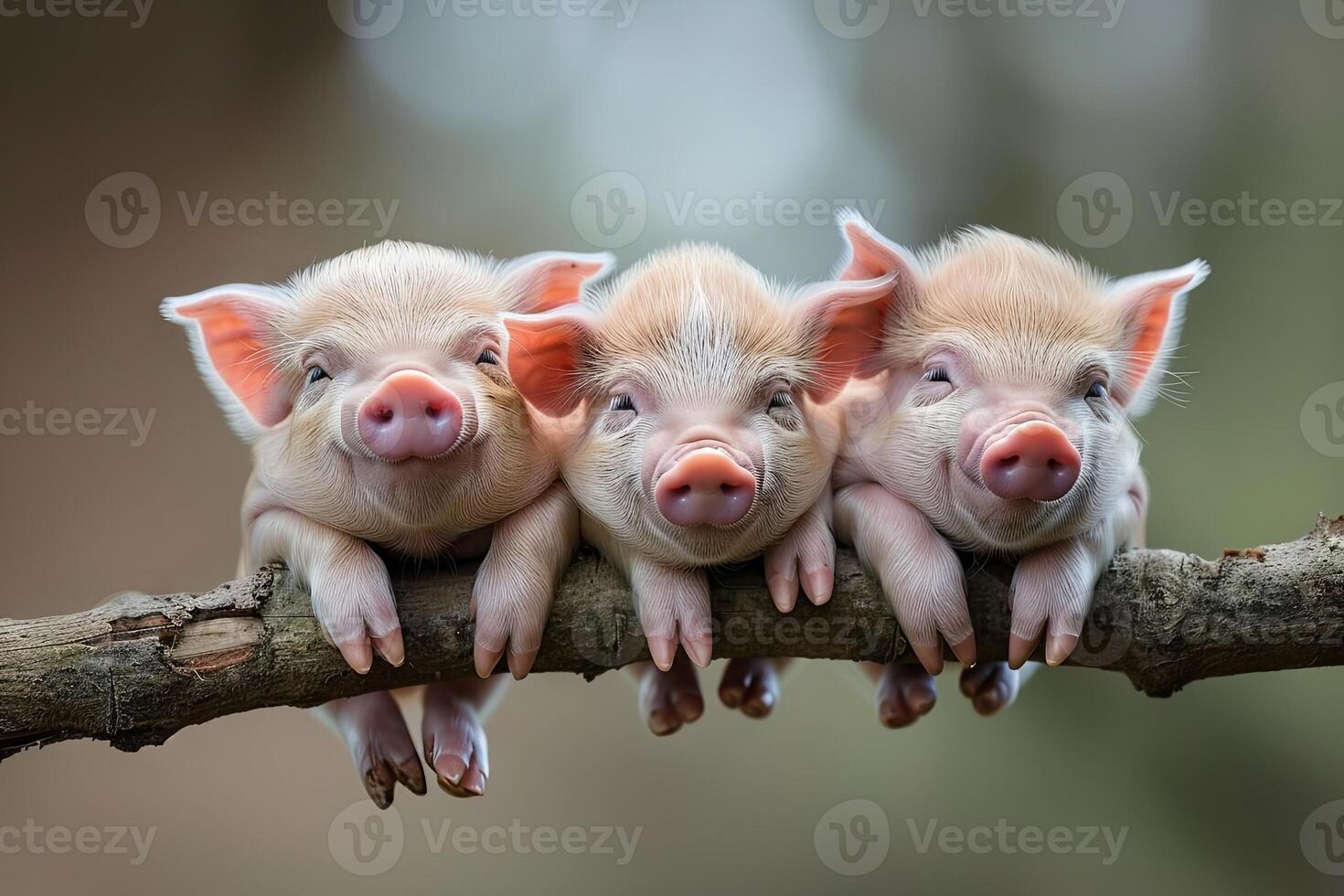 AI generated Pig Baby group of animals hanging out on a branch, cute, smiling, adorable photo