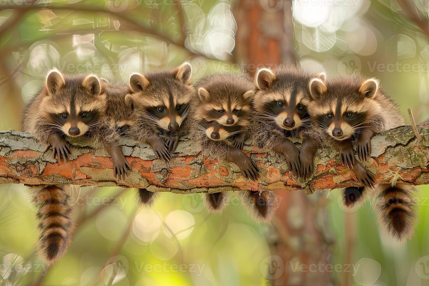 AI generated Raccoon Baby group of animals hanging out on a branch, cute, smiling, adorable photo