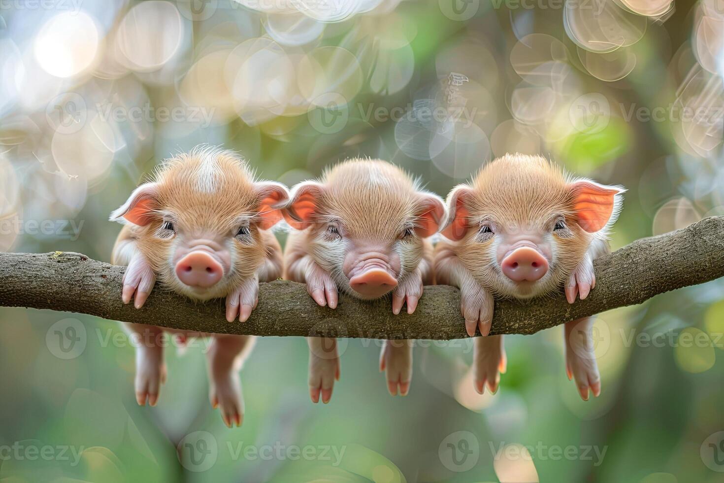 AI generated Pig Baby group of animals hanging out on a branch, cute, smiling, adorable photo