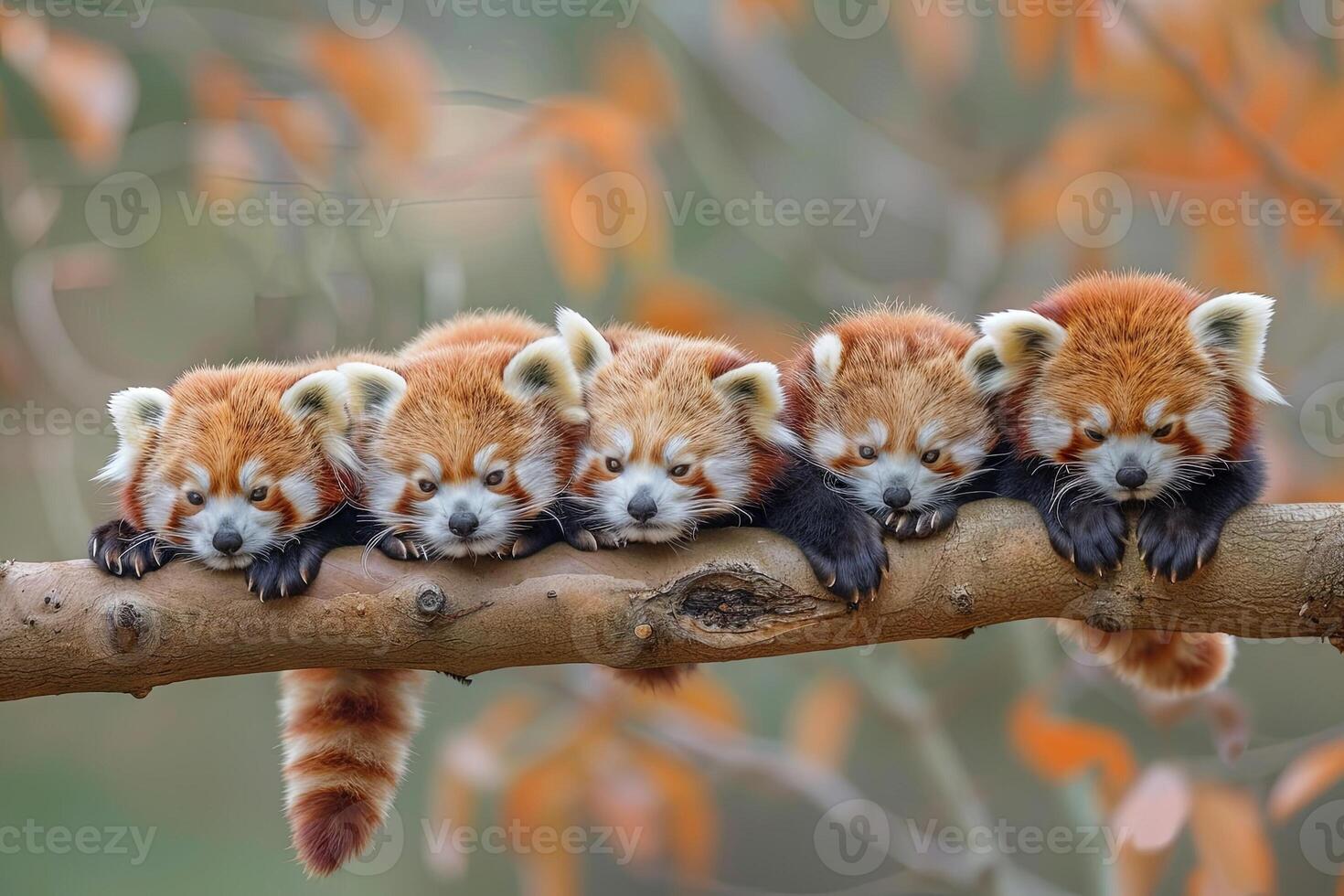 AI generated Red Panda Baby group of animals hanging out on a branch, cute, smiling, adorable photo