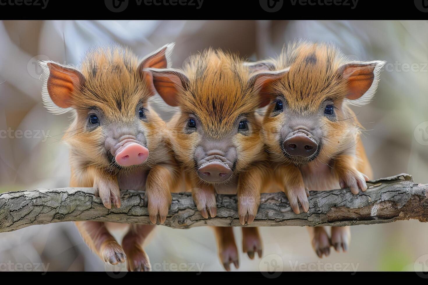 AI generated Wild Boar Baby group of animals hanging out on a branch, cute, smiling, adorable photo