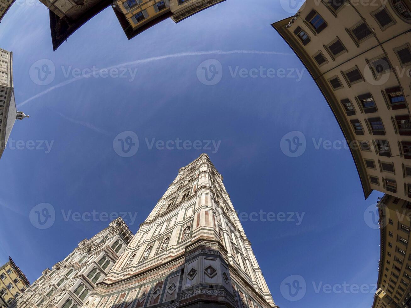 fisheye unusual view Cathedral Santa Maria dei Fiori, Brunelleschi Dome and Giotto Tower in Florence Italy photo