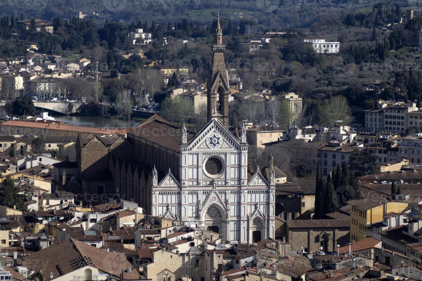 Basilica di Santa Croce Florence Aerial view cityscape from giotto tower detail near Cathedral Santa Maria dei Fiori, Brunelleschi Dome Italy photo