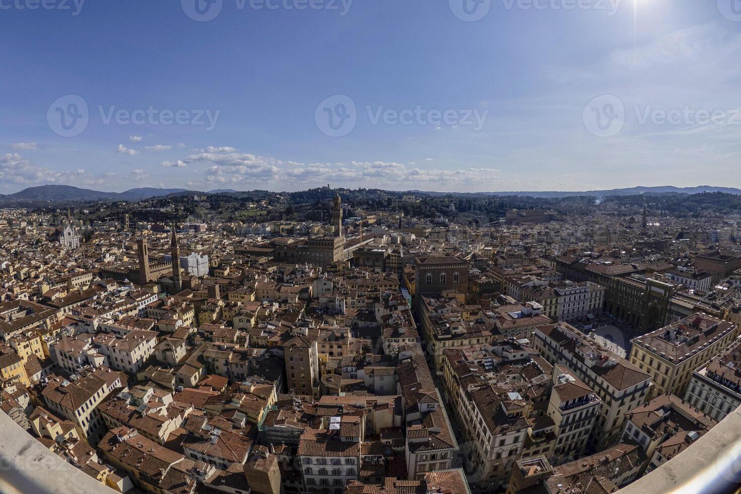 Florence Aerial view cityscape from giotto tower detail near Cathedral Santa Maria dei Fiori, Brunelleschi Dome Italy photo