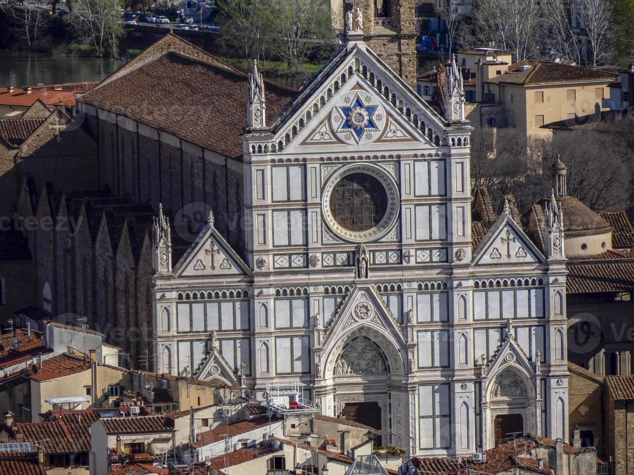 Basilica di Santa Croce Florence Aerial view cityscape from giotto tower detail near Cathedral Santa Maria dei Fiori, Brunelleschi Dome Italy photo