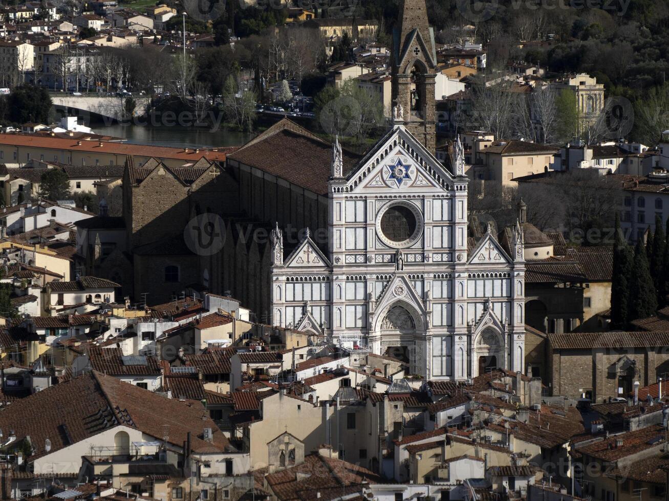 Basilica di Santa Croce Florence Aerial view cityscape from giotto tower detail near Cathedral Santa Maria dei Fiori, Brunelleschi Dome Italy photo