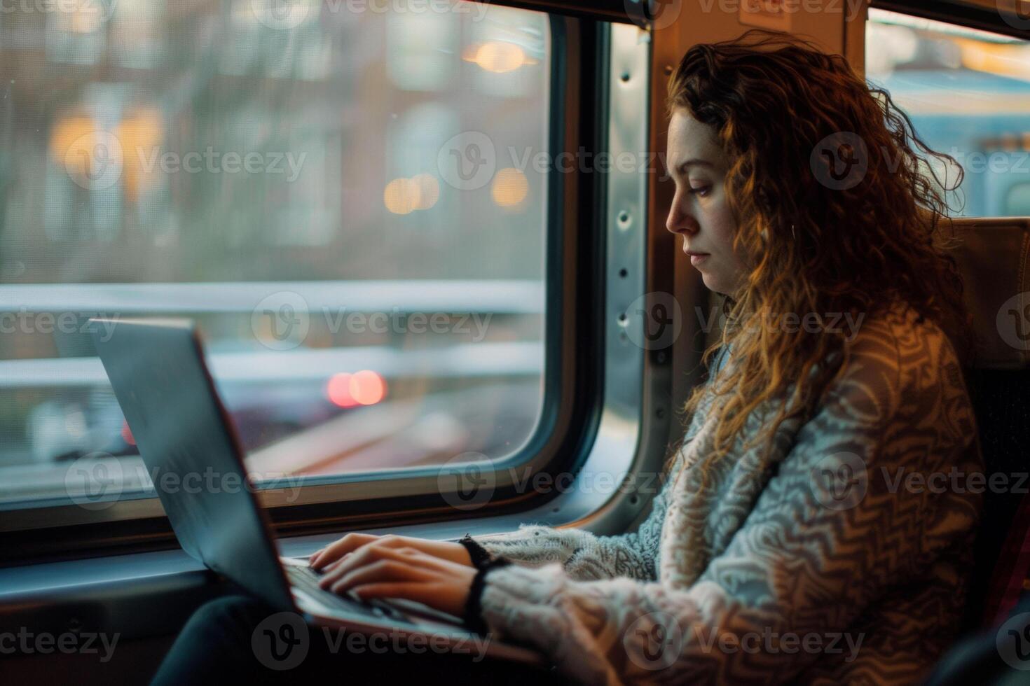 AI Generated Passenger using laptop on public transport, enjoying the window view photo