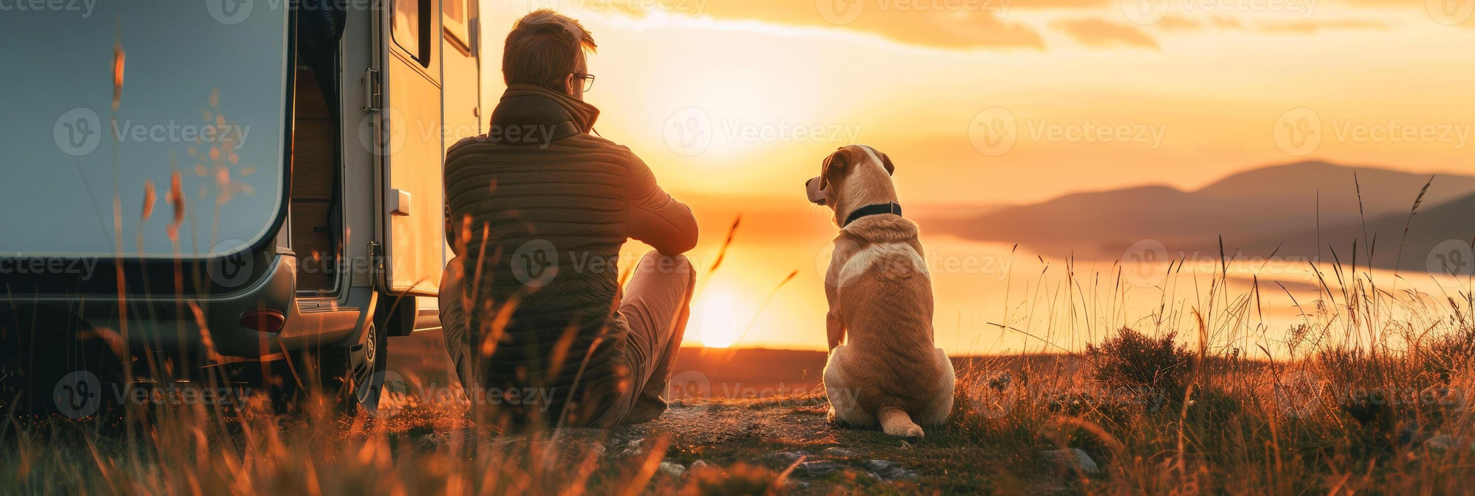 AI generated Man and dog enjoy the sunset in field, happy faces, beautiful landscape and sky photo