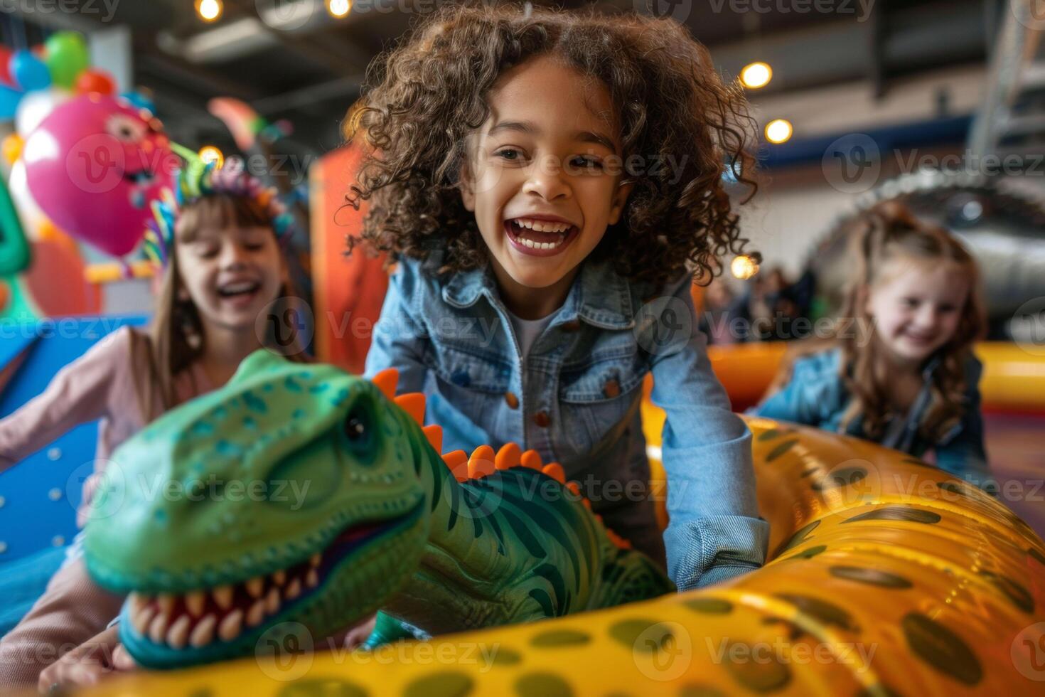 ai generado niños felizmente jugando con un verde inflable dinosaurio, sonrisas en su caras foto