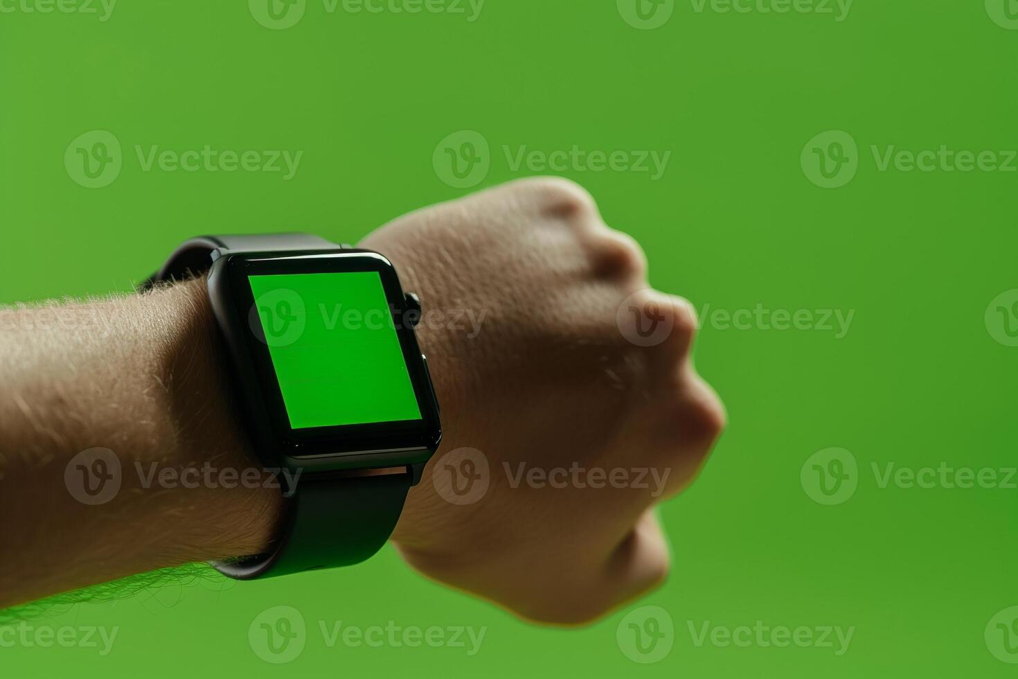 AI generated A mans wrist adorned with a smart watch displaying a green screen photo
