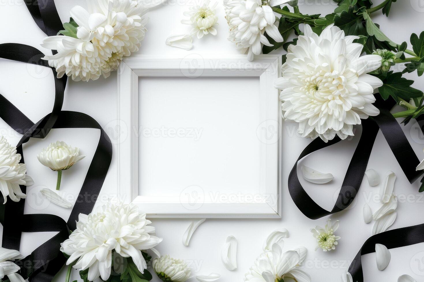 AI generated A rectangle frame adorned with white flowers and black ribbons photo