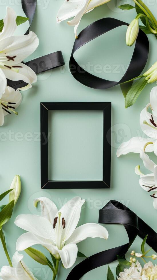 AI generated White flowers and black ribbons adorn a picture frame in an elegant display photo
