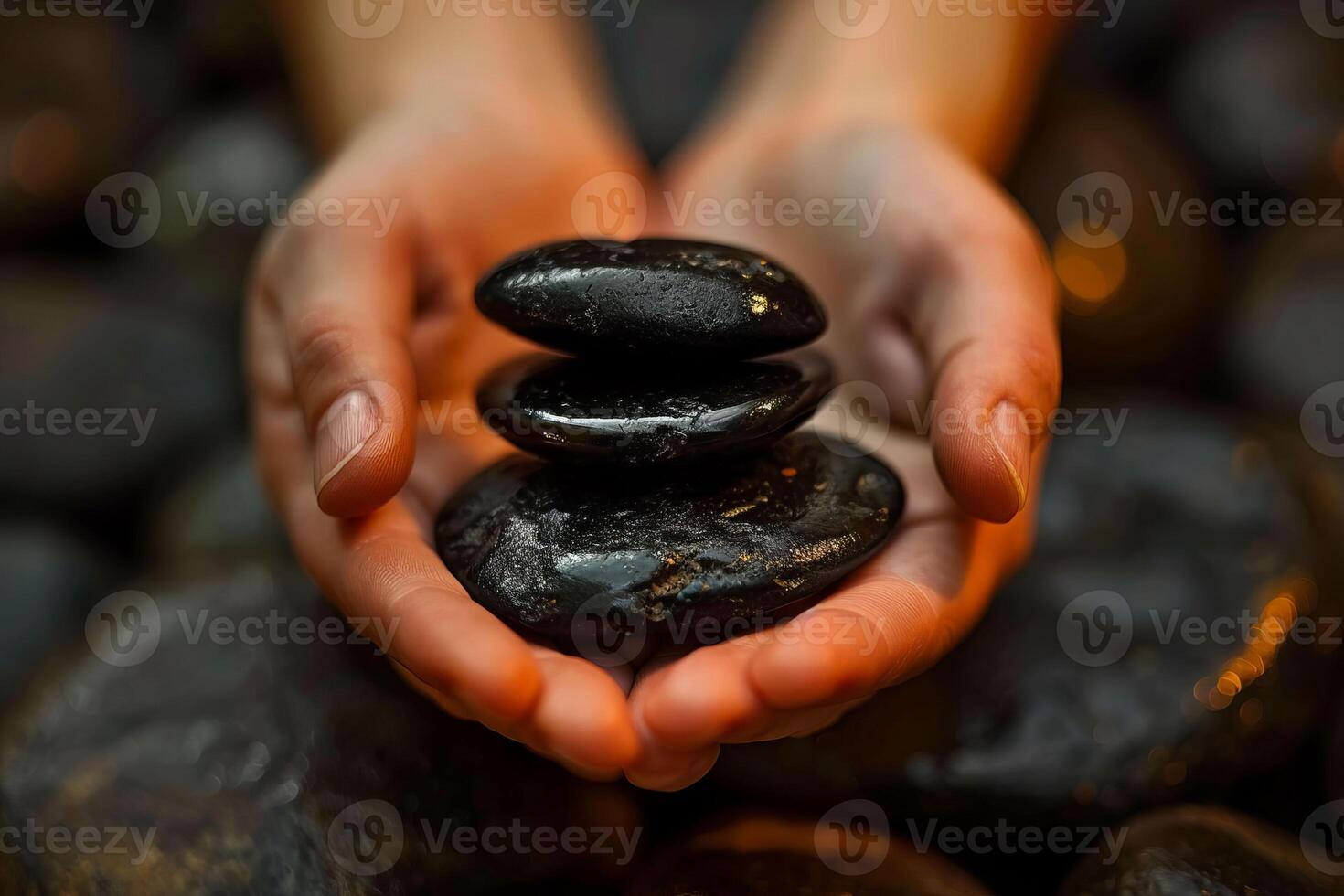 AI generated Person holding stack of rocks in their hands, fingers covered in soil and flesh photo