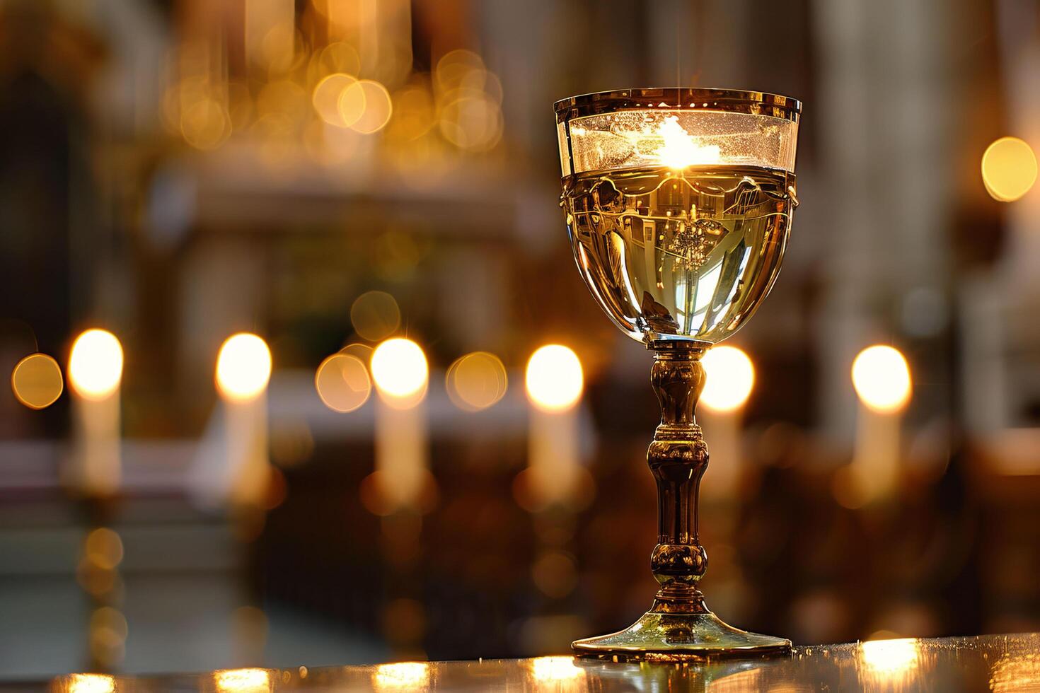 AI generated A wine glass with an amber light inside, displayed as tableware in a church photo