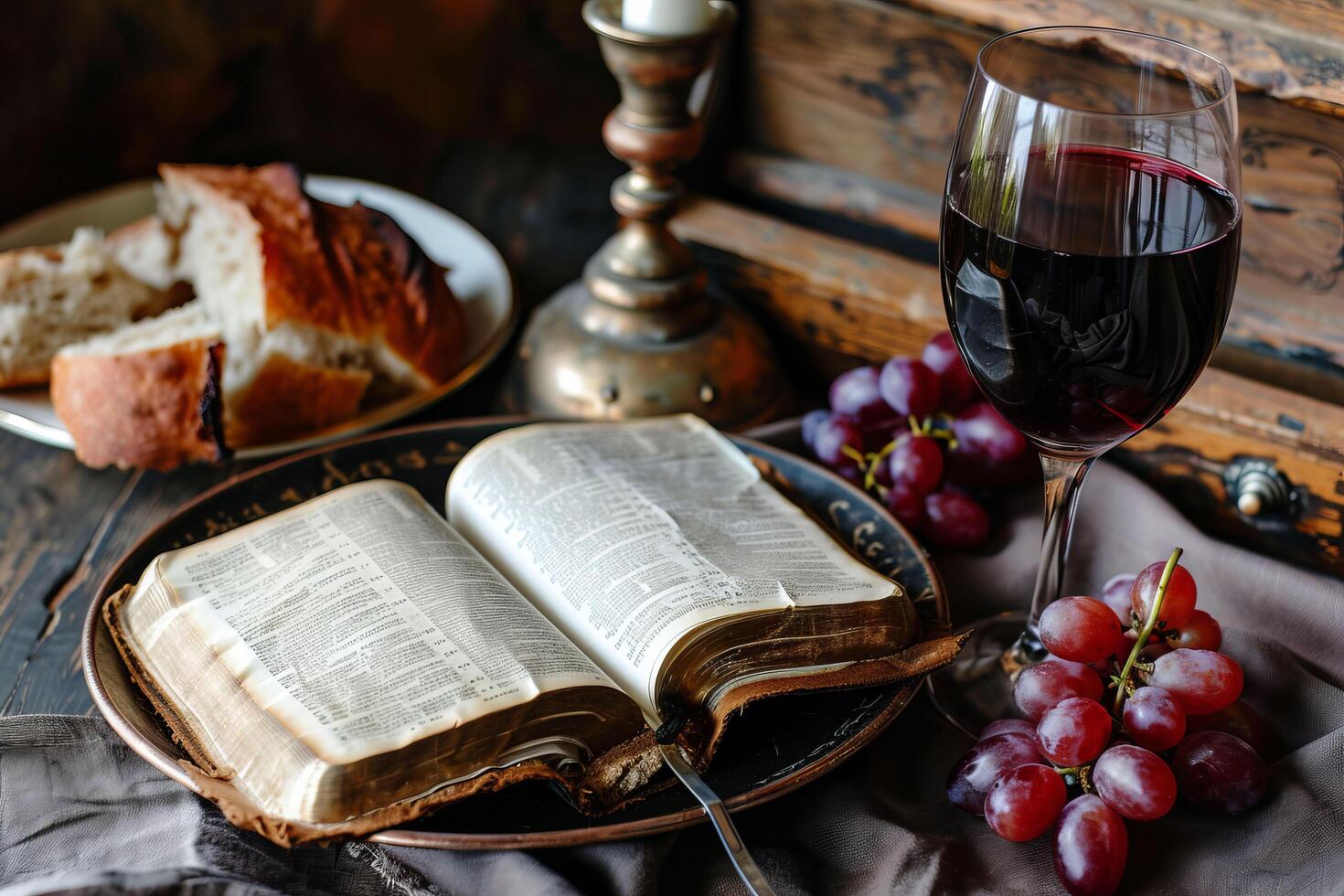 AI generated Tableware set with bread, grapes, wine, and a bible photo