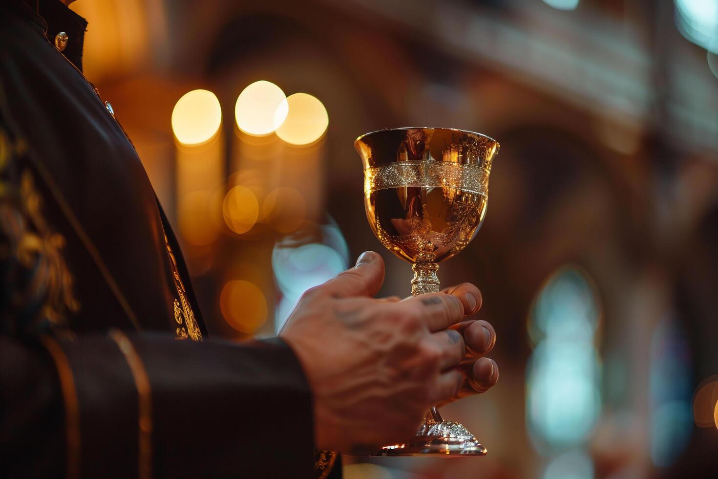 AI generated Photo of a priest with wine in a silver goblet in the church