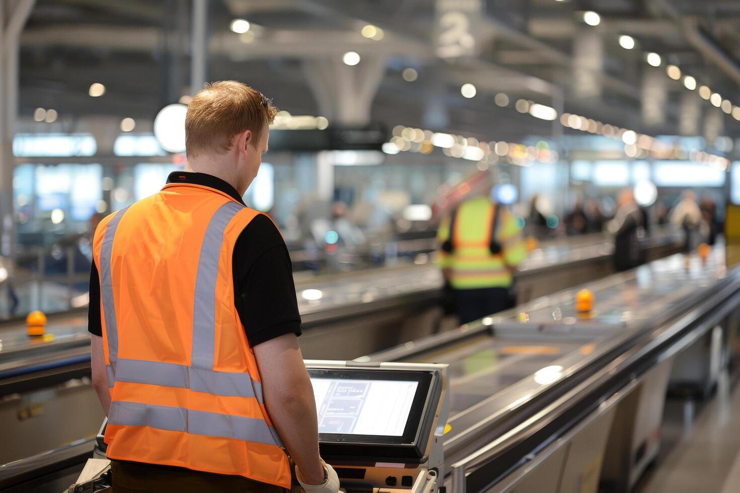 AI generated An engineer in highvisibility vest is overseeing a conveyor belt photo