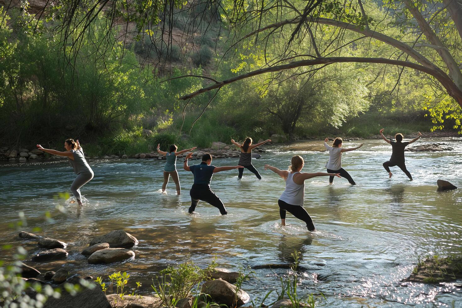 AI generated Group doing yoga in the river, surrounded by nature and trees photo