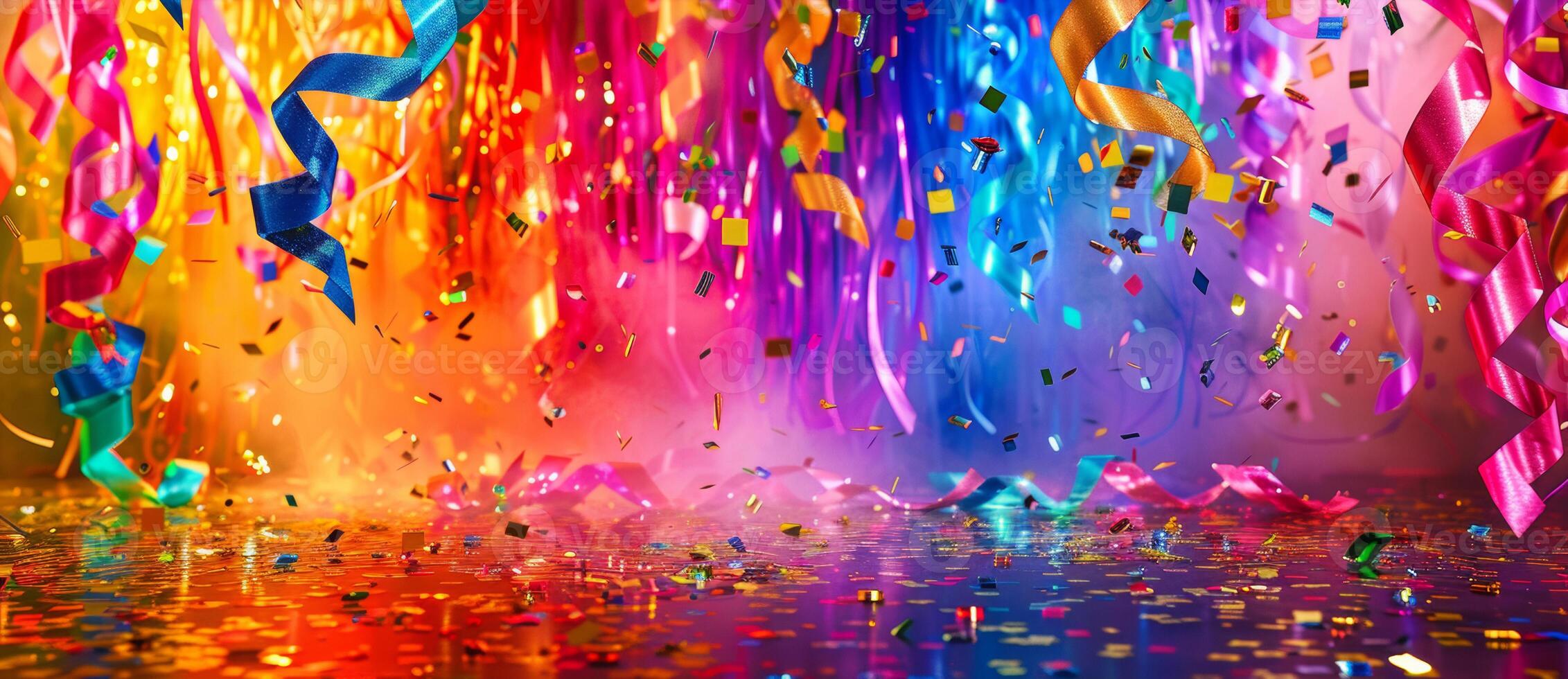 AI generated Vibrant confetti and streamers cascade over a liquid purple backdrop photo
