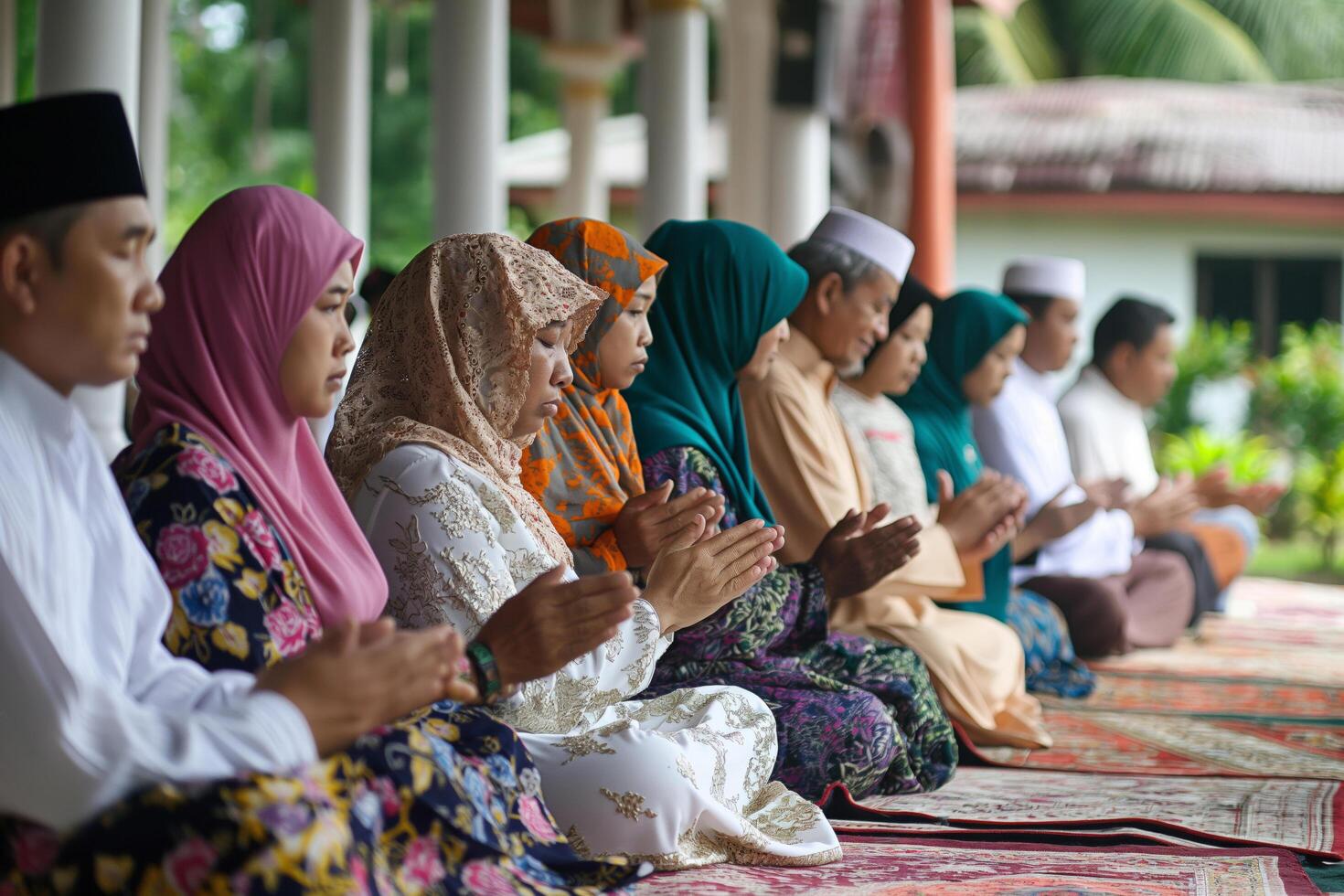 AI generated Eid al-Adha. People in a row with sun hats and fedoras praying in a mosque photo