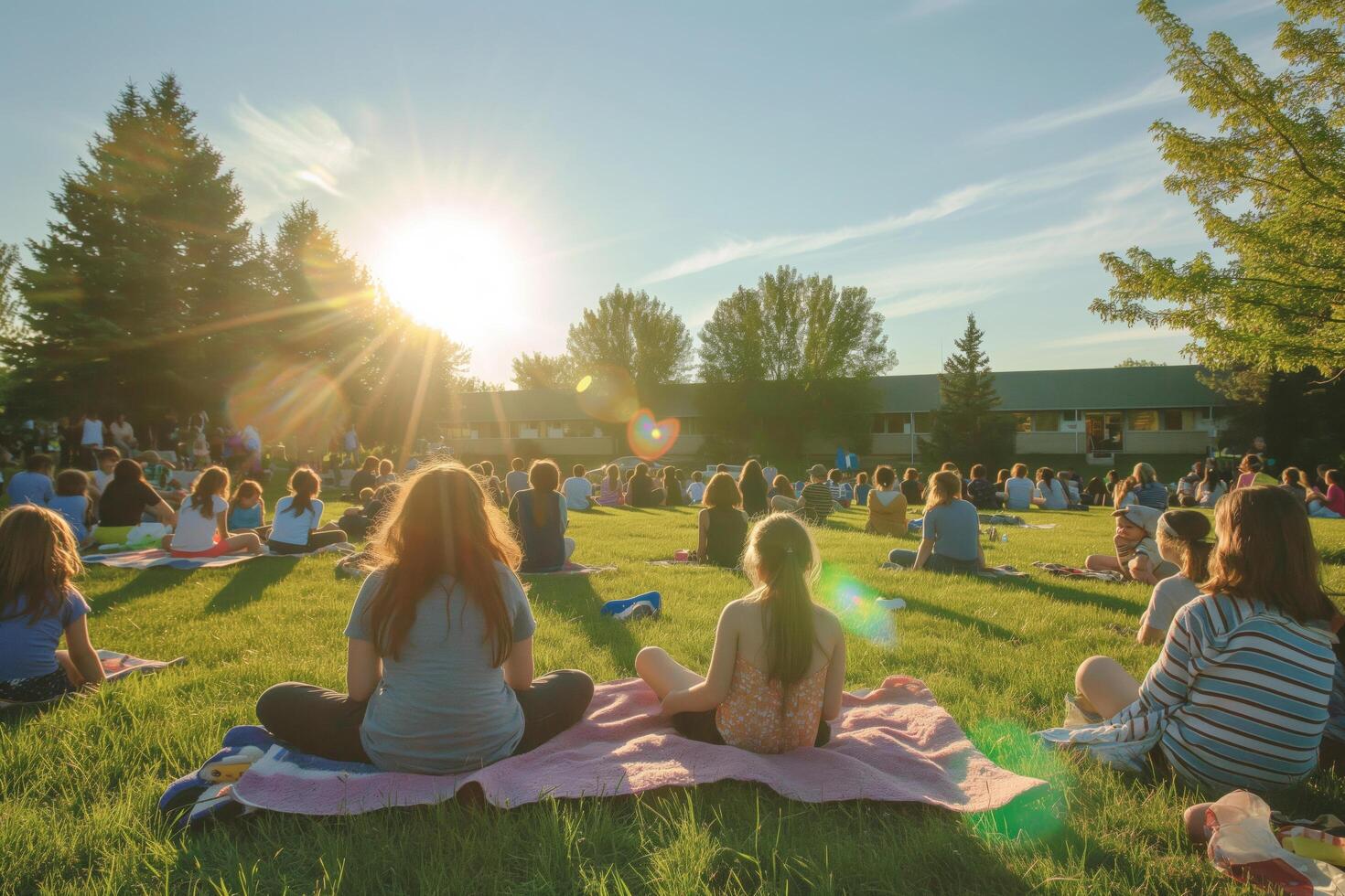 AI generated People relaxing on blankets amidst grass under the open sky photo