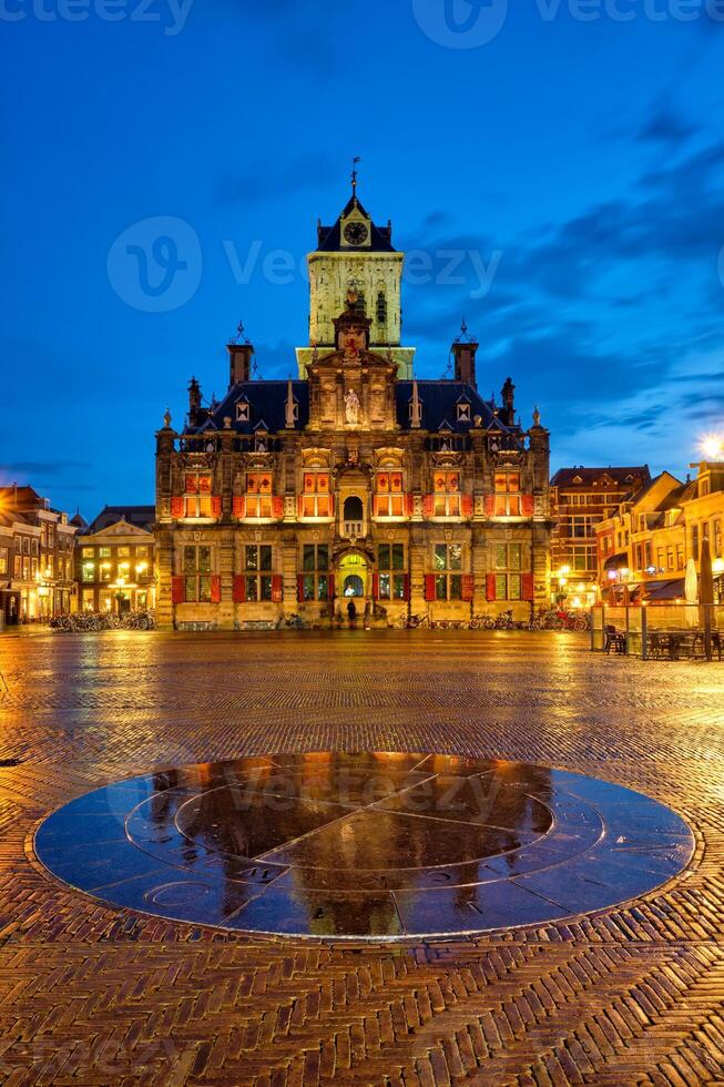 Delft Market Square Markt in the evening. Delft, Netherlands photo