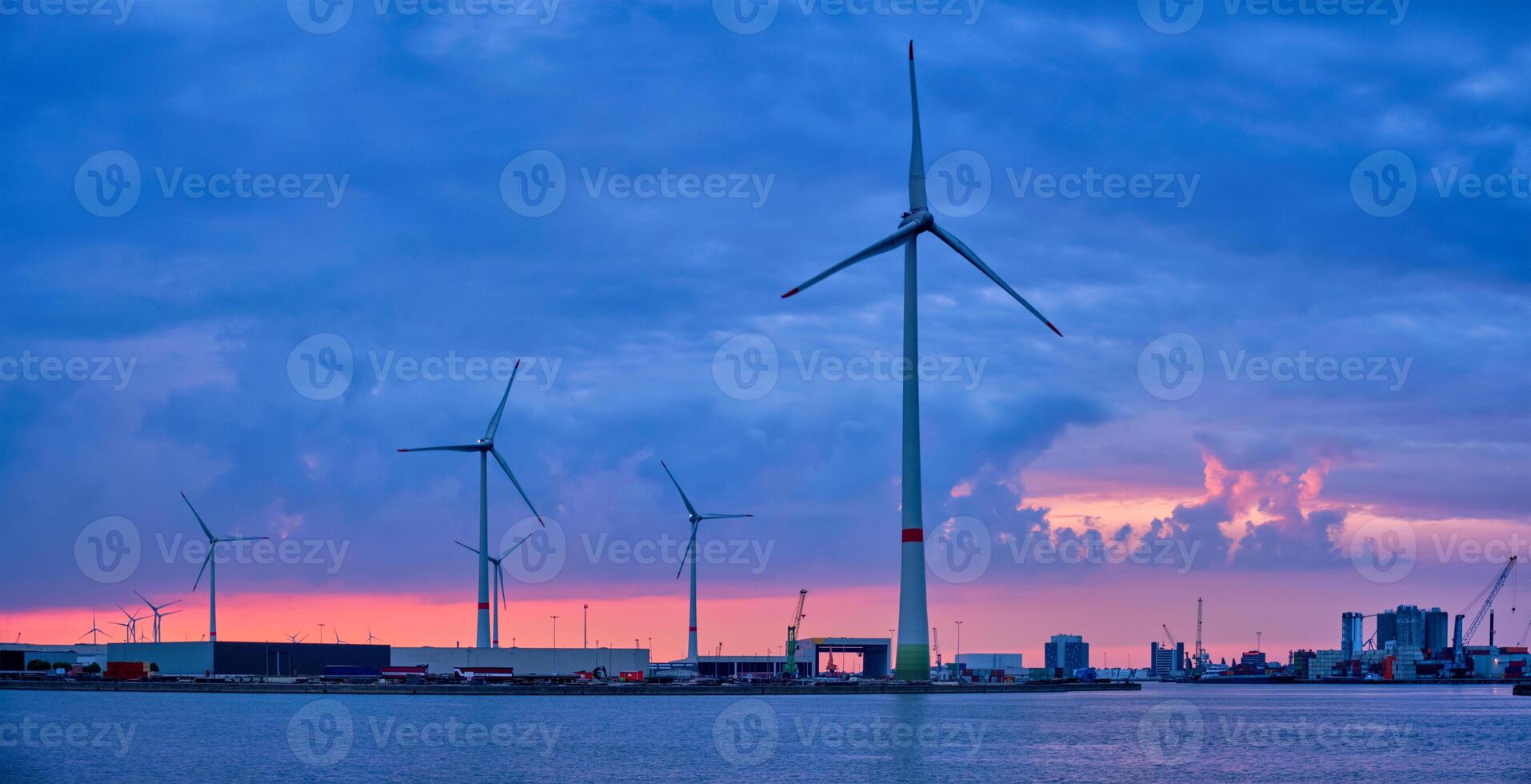 Wind turbines in Antwerp port in the evening photo