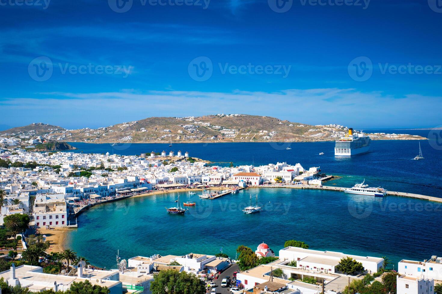 Mykonos island port with boats, Cyclades islands, Greece photo