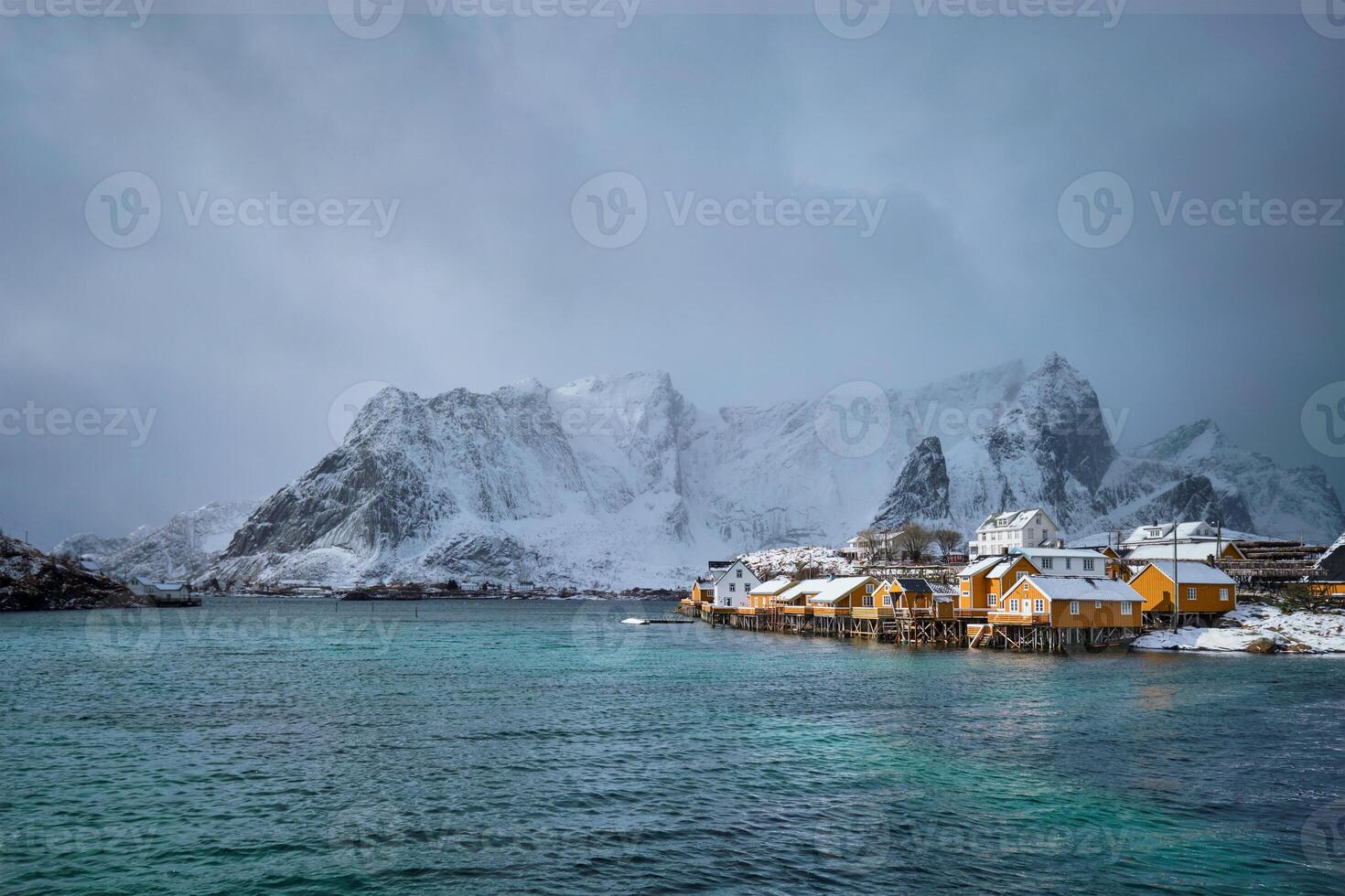 Yellow rorbu houses, Lofoten islands, Norway photo