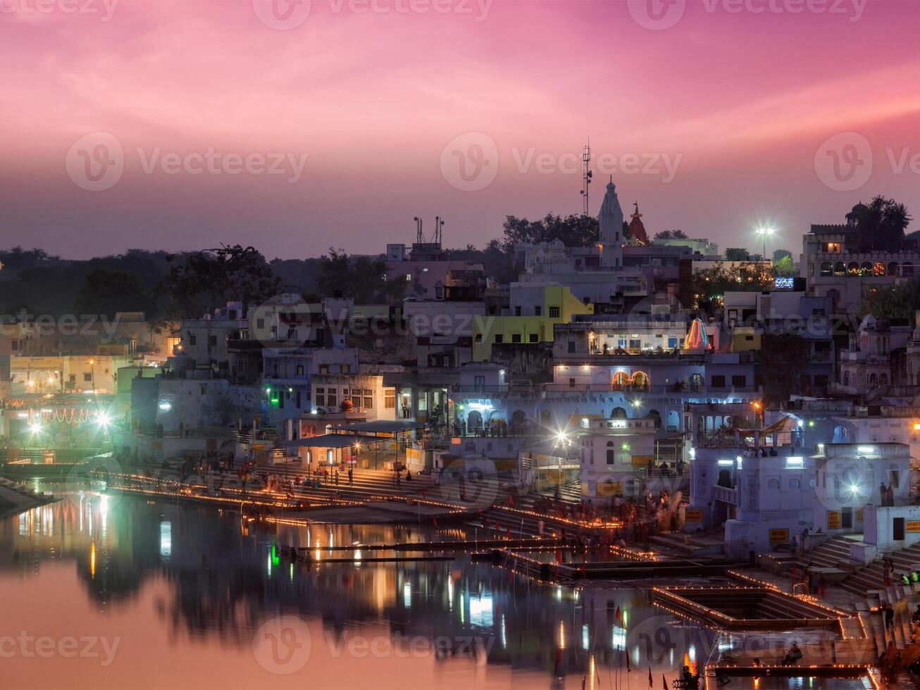 Sacred Puskhar lake and ghats of town Pushkar in night photo