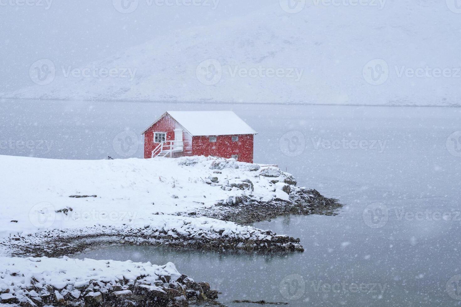 Red rorbu house in winter, Lofoten islands, Norway photo